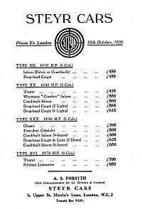 Steyr Preisliste 1930